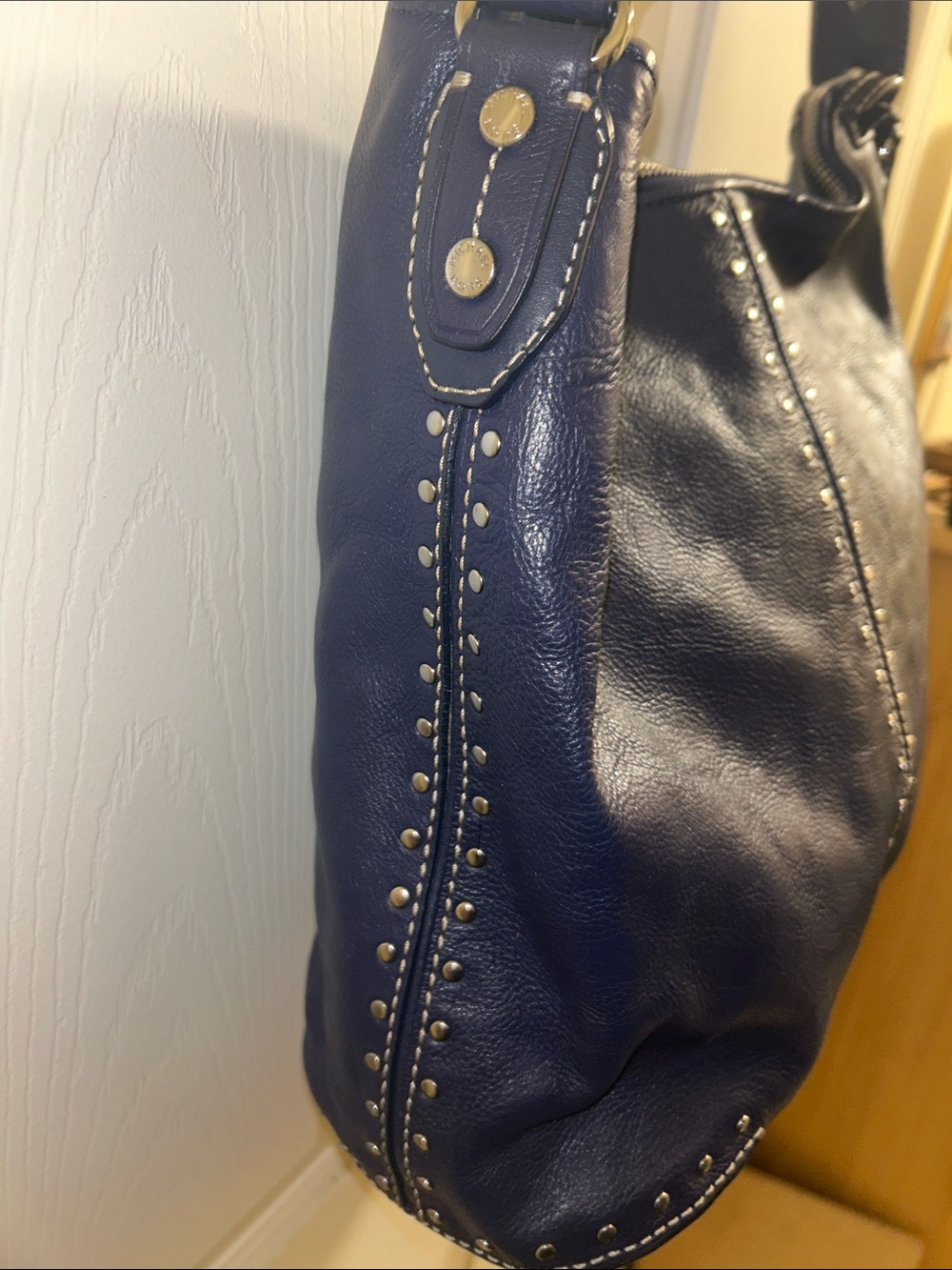 Michael Kors Navy Leather Stud-Trim Hobo - Picture 5 of 10